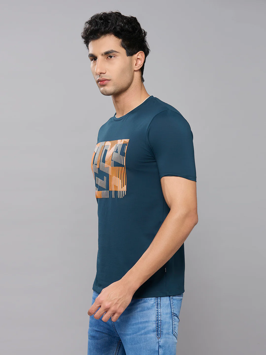 Men's Teal Blue Printed Slim Fit T-Shirts - Image 2