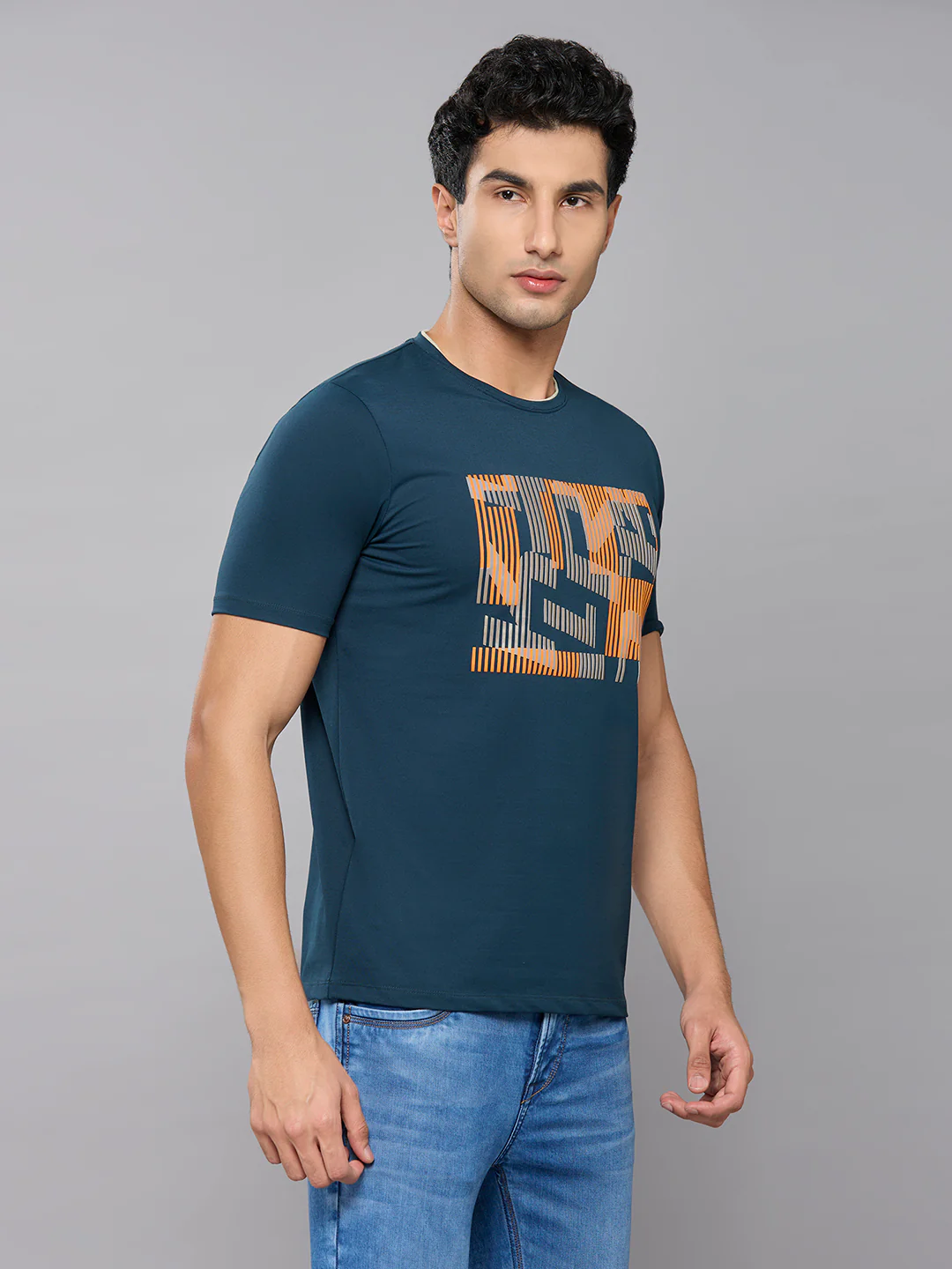Men's Teal Blue Printed Slim Fit T-Shirts - Image 3