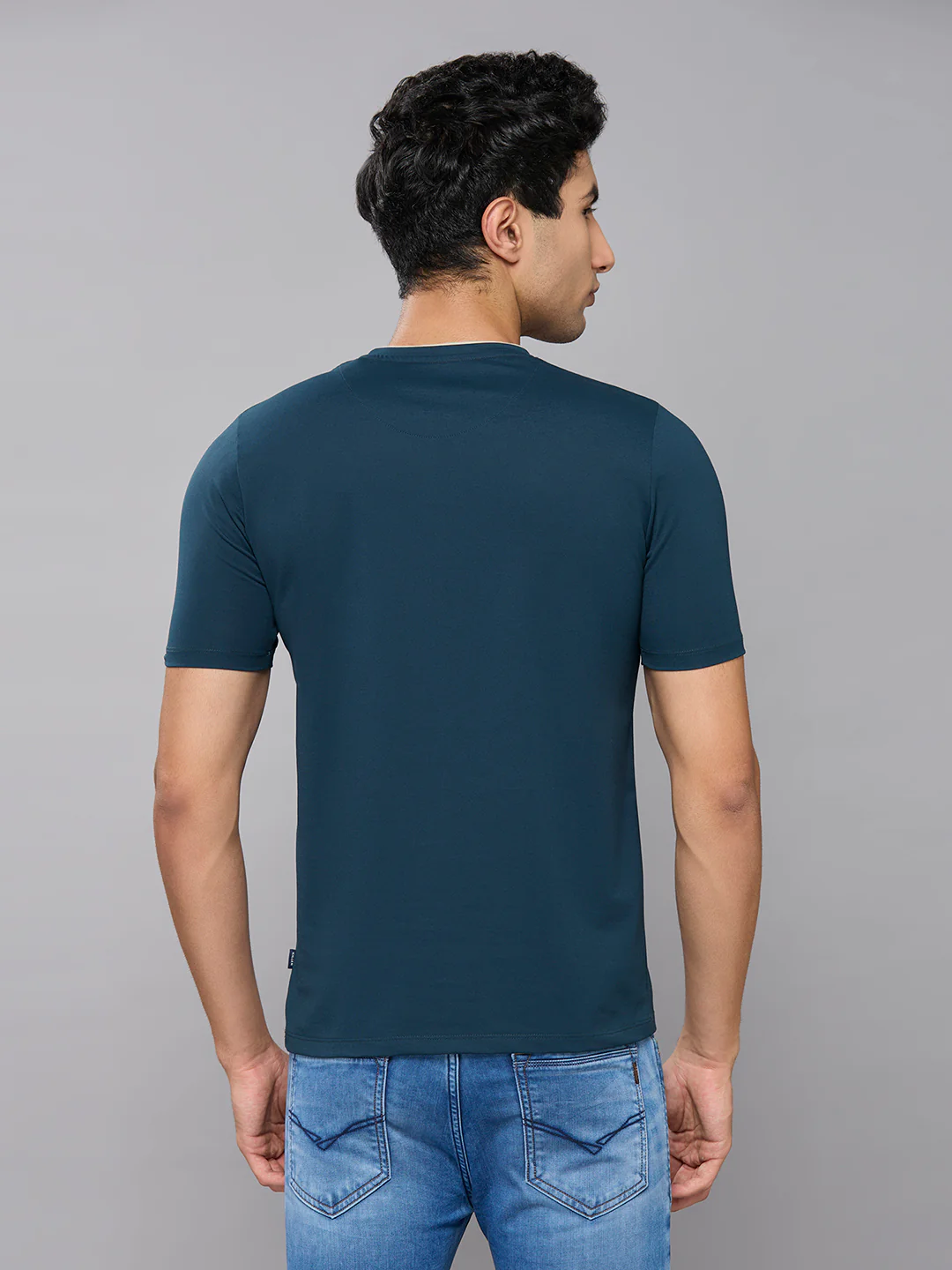 Men's Teal Blue Printed Slim Fit T-Shirts - Image 4