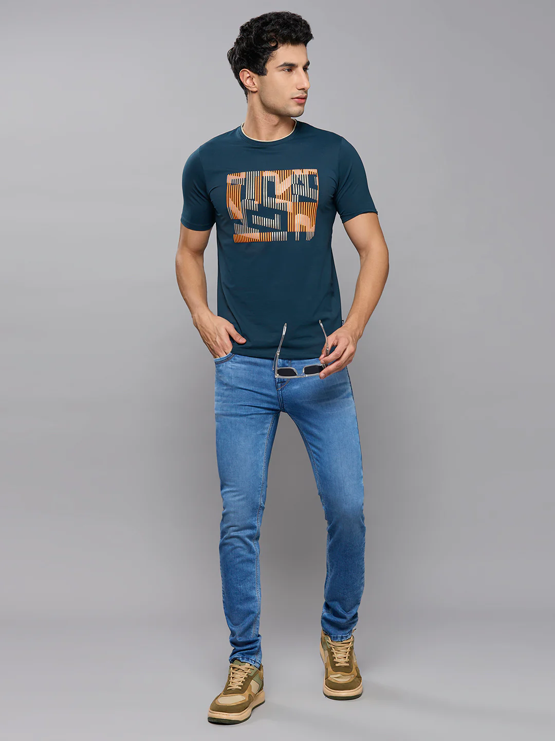 Men's Teal Blue Printed Slim Fit T-Shirts - Image 6