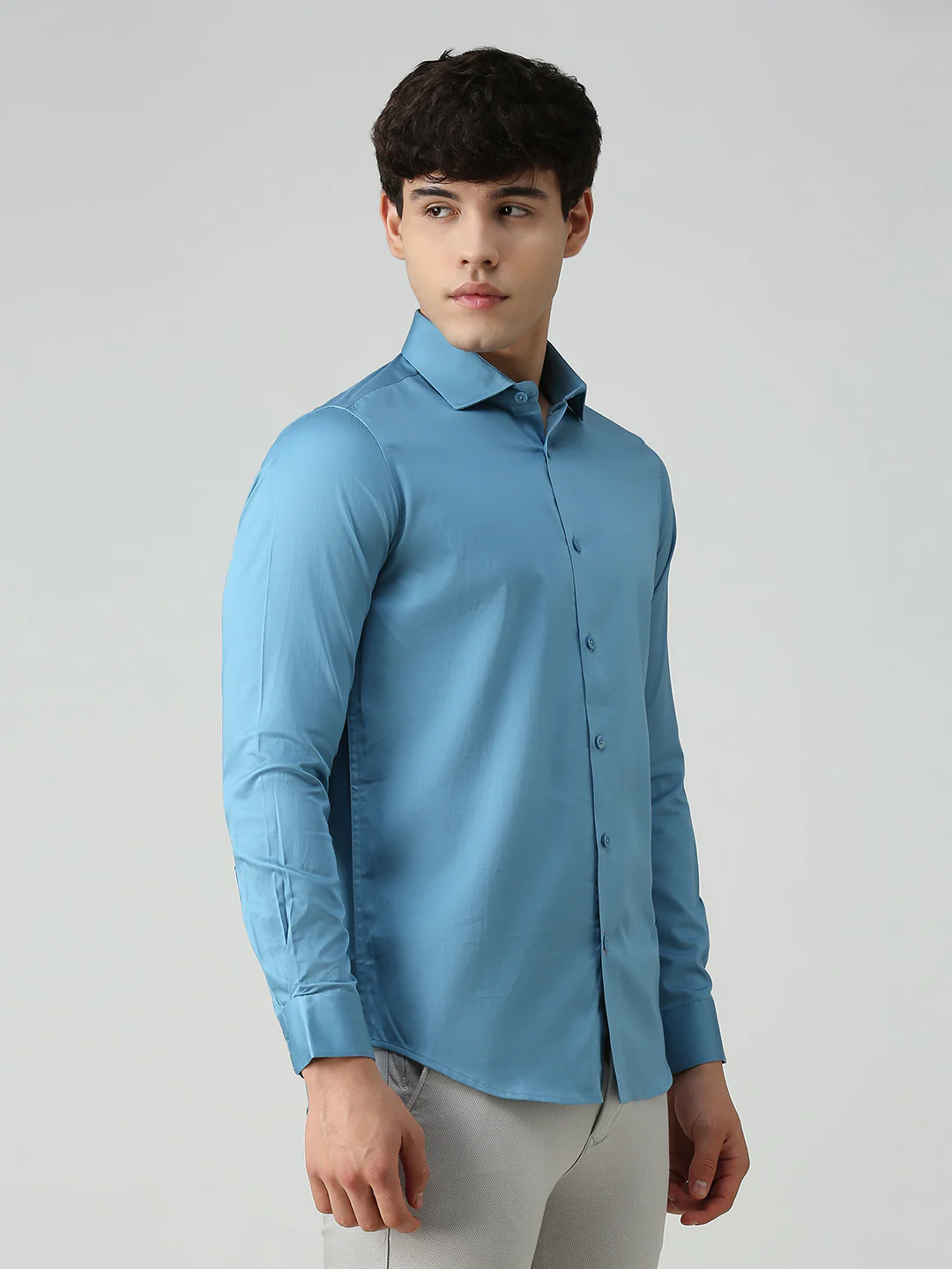 Men's Teal Blue Solid Slim Fit Shirts - Image 5