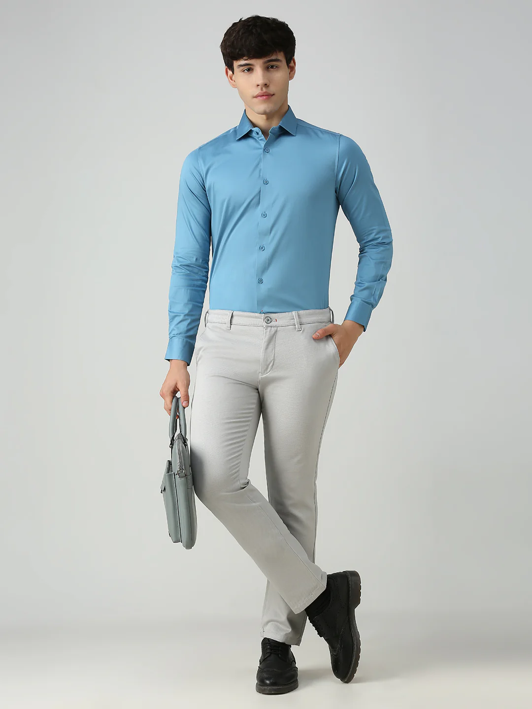 Men's Teal Blue Solid Slim Fit Shirts - Image 8