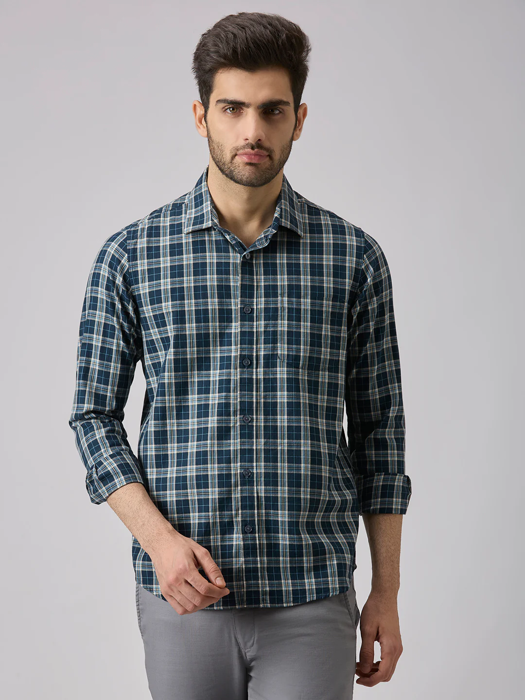 Men's Teal Checks Slim Fit Shirts - Image 3