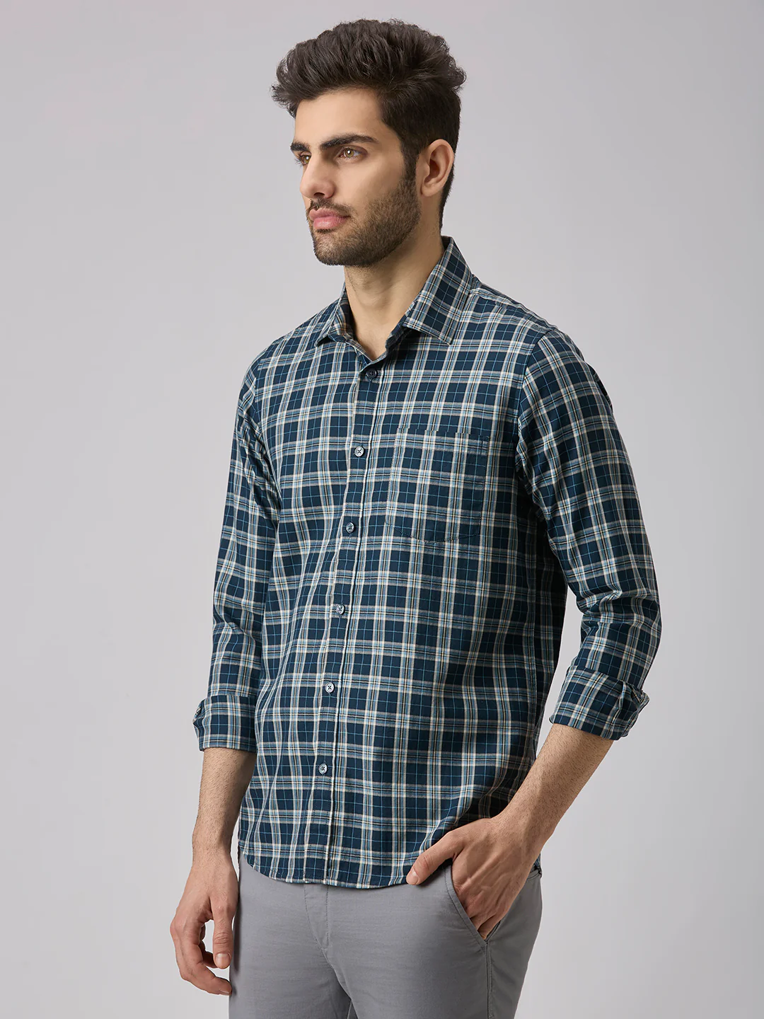 Men's Teal Checks Slim Fit Shirts - Image 4