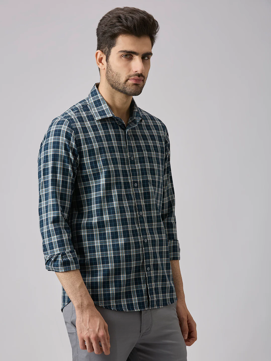 Men's Teal Checks Slim Fit Shirts - Image 5