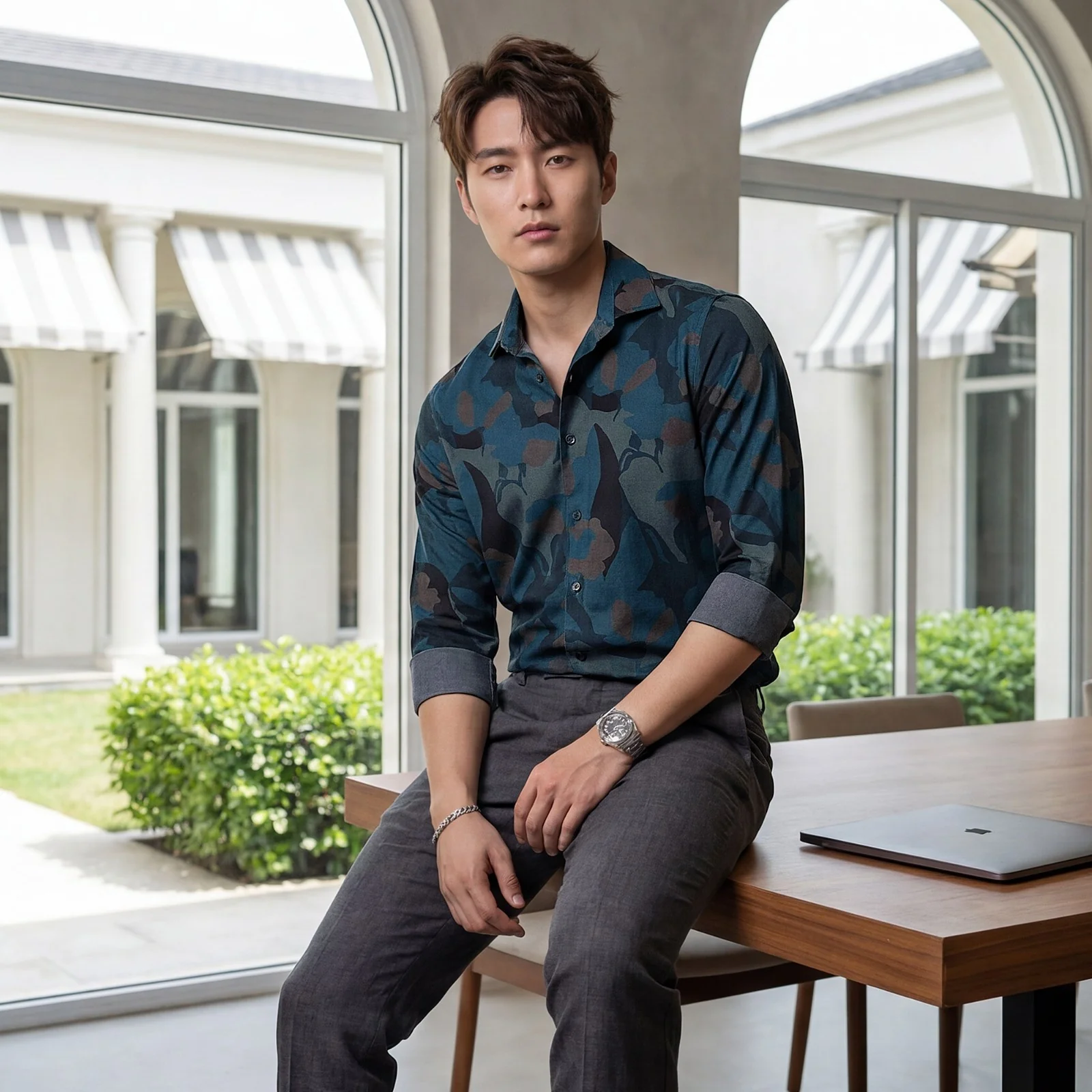 Men's Teal Printed Slim Fit Shirts - Image 2