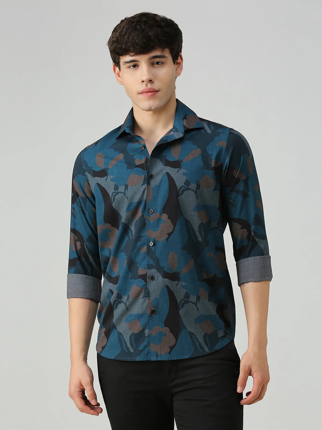 Men's Teal Printed Slim Fit Shirts - Image 3