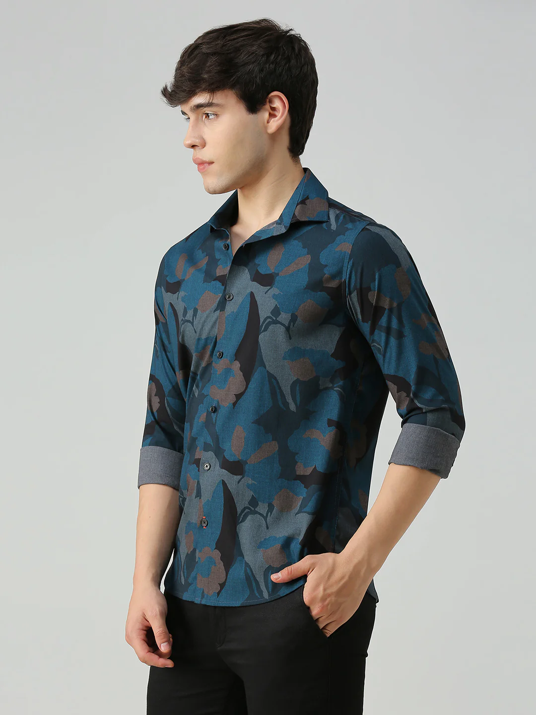 Men's Teal Printed Slim Fit Shirts - Image 4