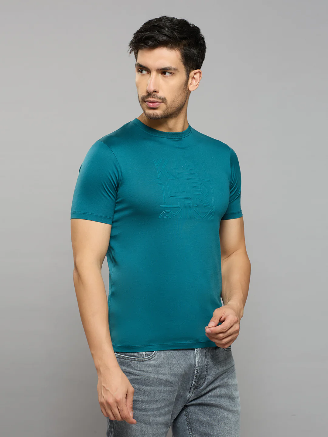 Men's Teal Solid Slim Fit T-Shirts - Image 3