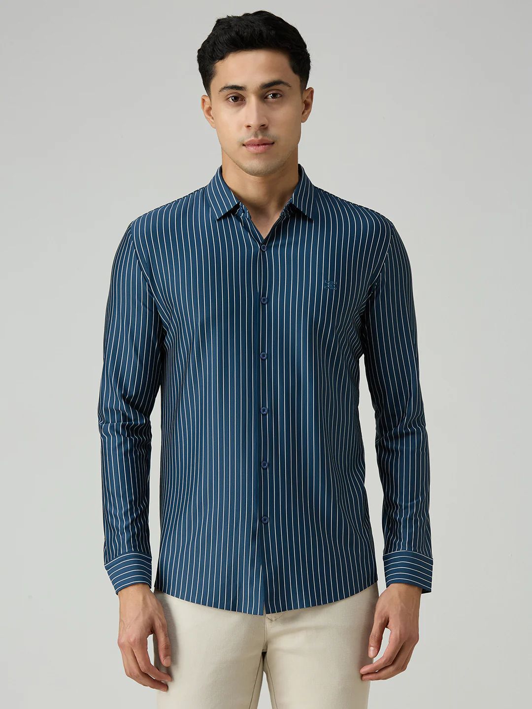 Men's Teal Stripe Slim Fit Shirts - Image 3