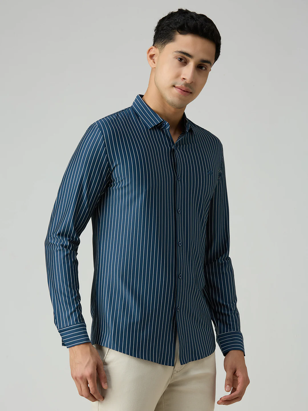 Men's Teal Stripe Slim Fit Shirts - Image 5