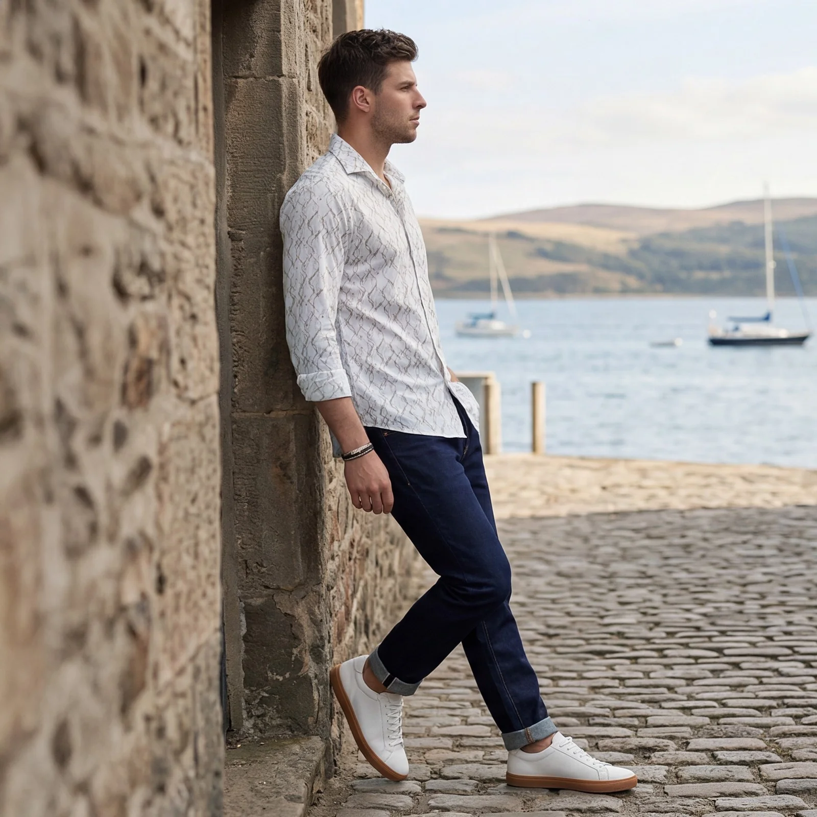 Men's White Printed Slim Fit Shirts
