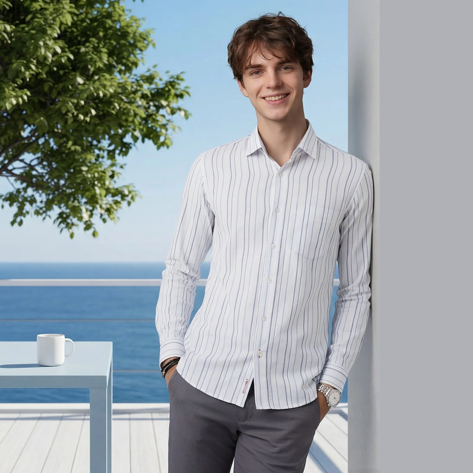 Men's White Stripe Slim Fit Shirts - Image 2