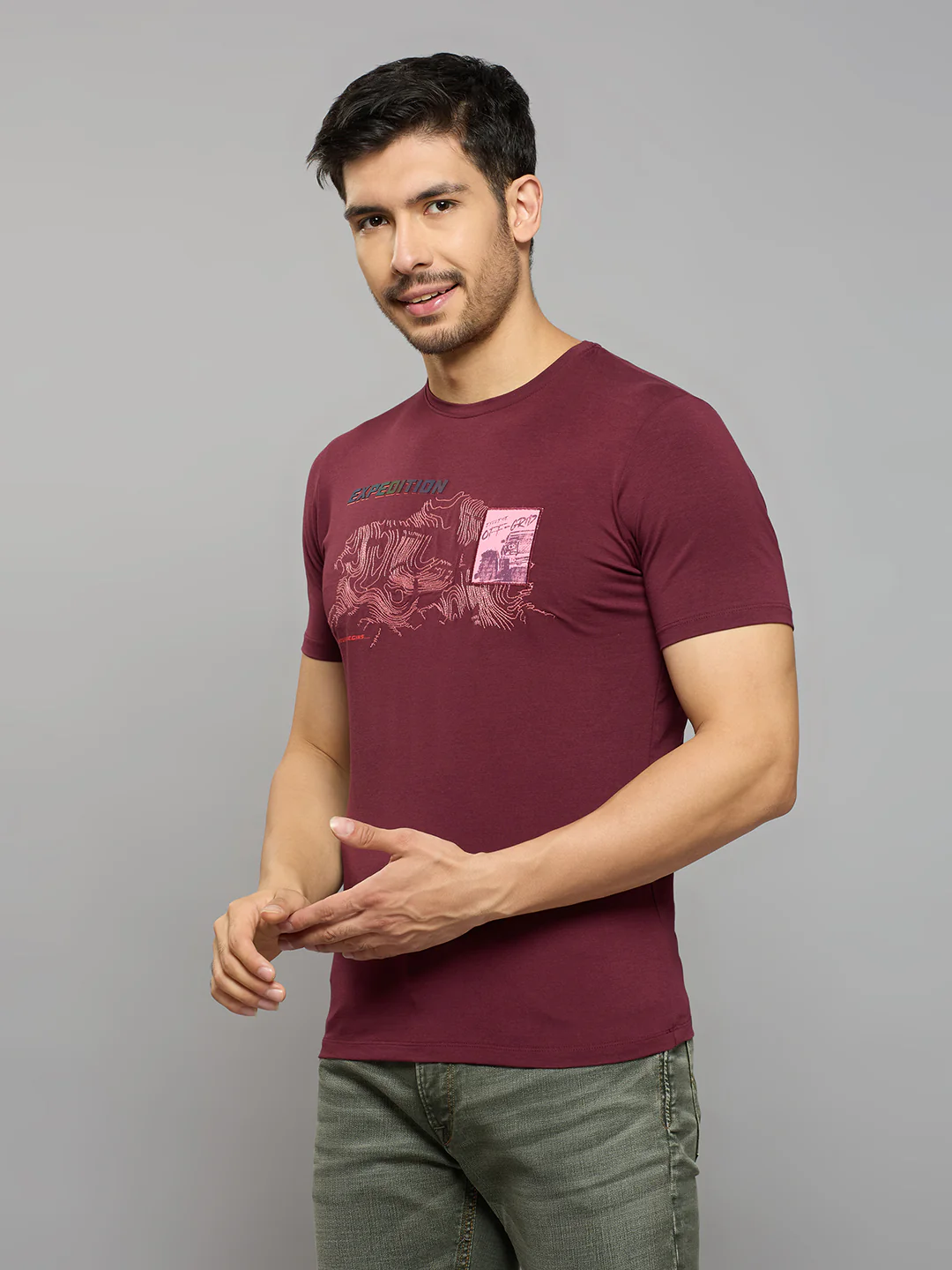 Men's Wine Printed Slim Fit T-Shirts - Image 2