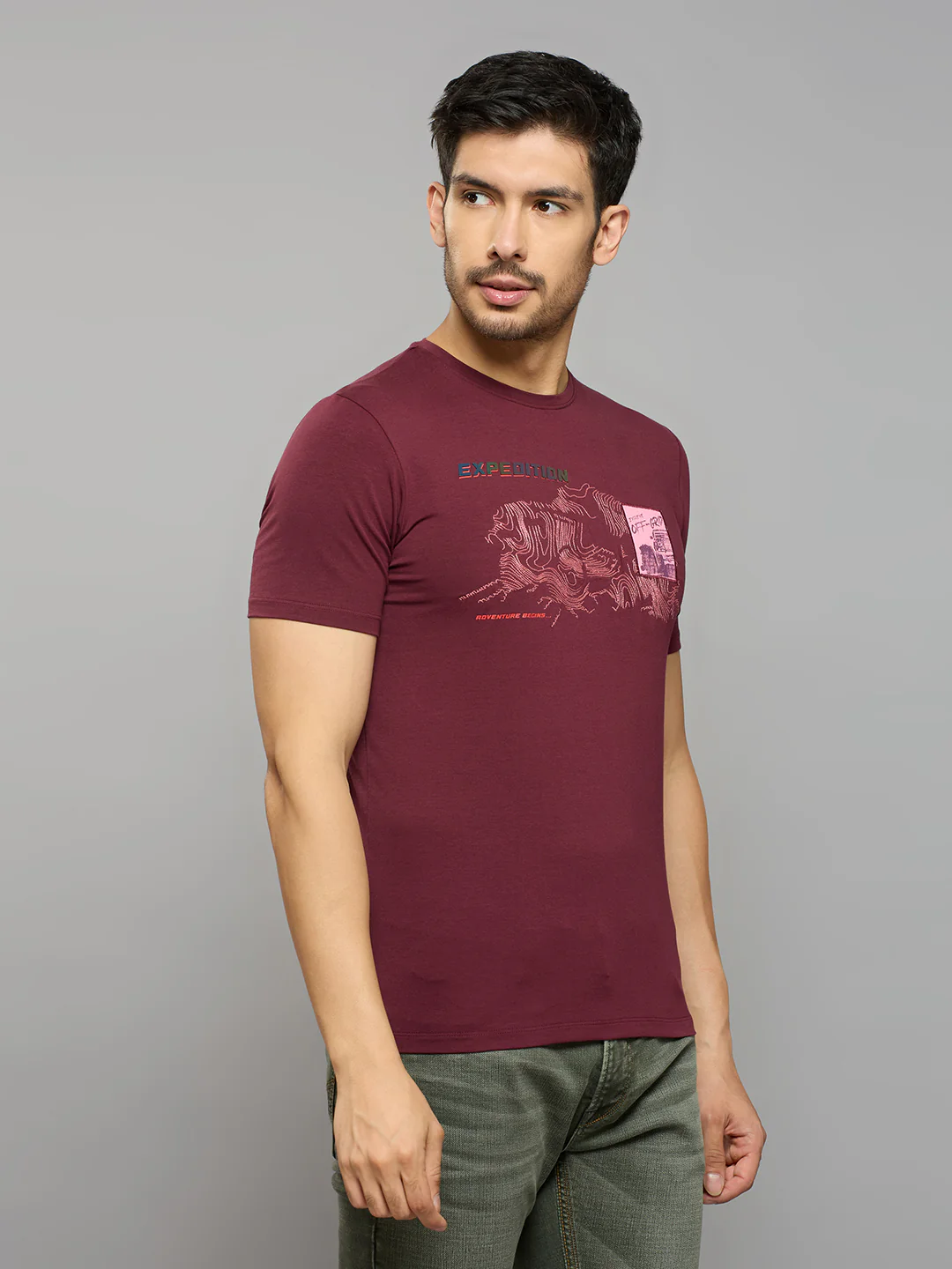 Men's Wine Printed Slim Fit T-Shirts - Image 3