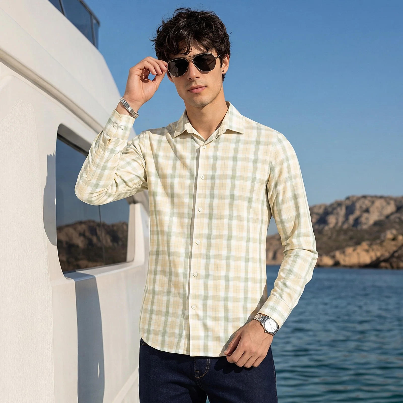 Men's Yellow Checks Slim Fit Shirts - Image 2