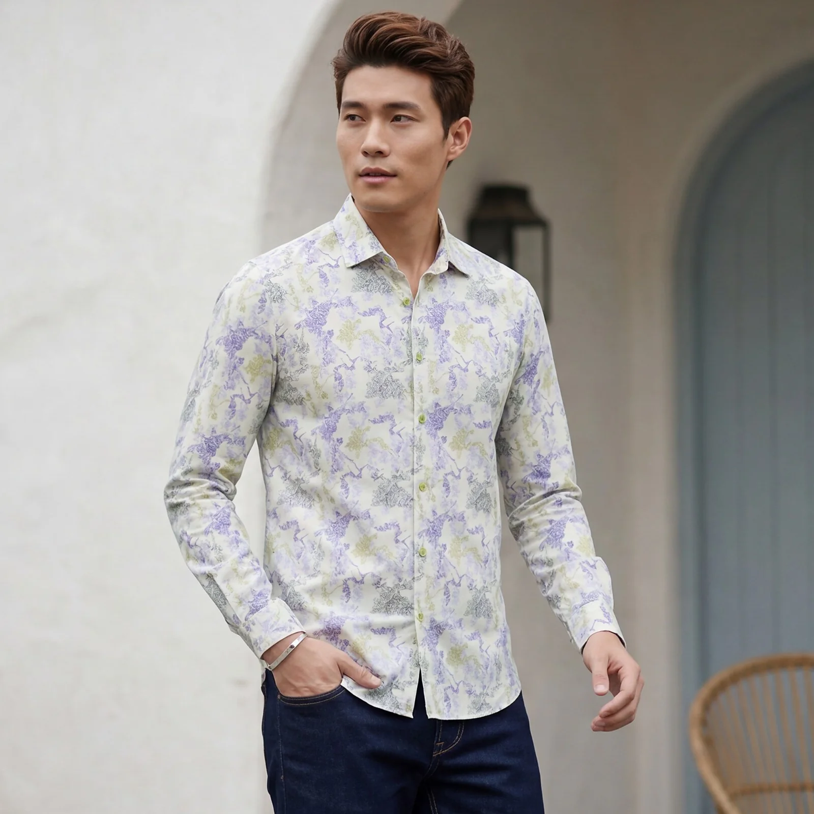 Men's Yellow Printed Slim Fit Shirts - Image 2