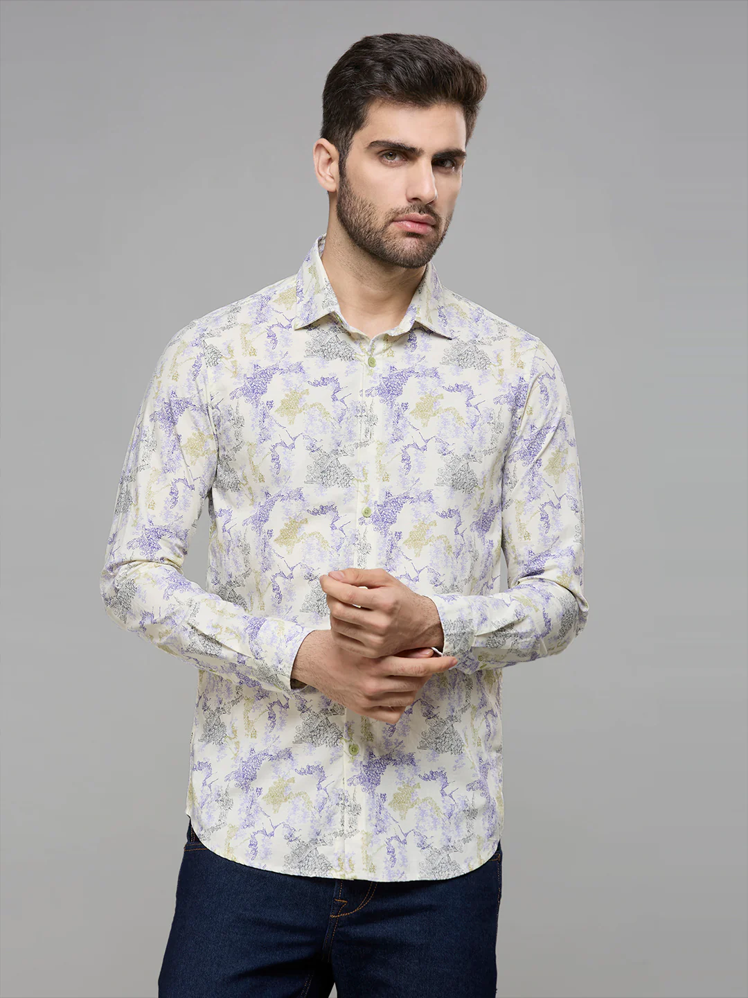Men's Yellow Printed Slim Fit Shirts - Image 3