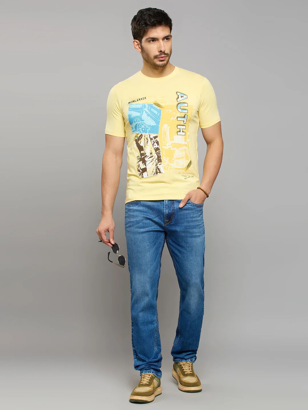 Men's Yellow Printed Slim Fit T-Shirts - Image 6