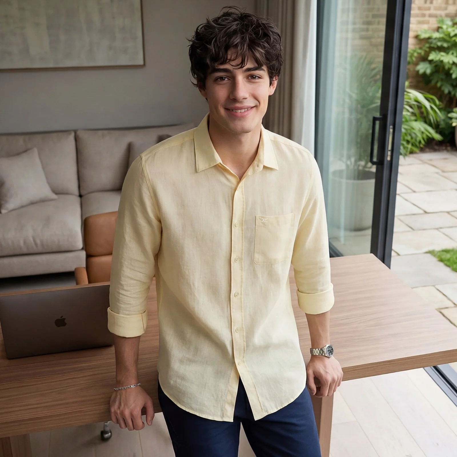 Men's Yellow Solid Slim Fit Shirts - Image 2