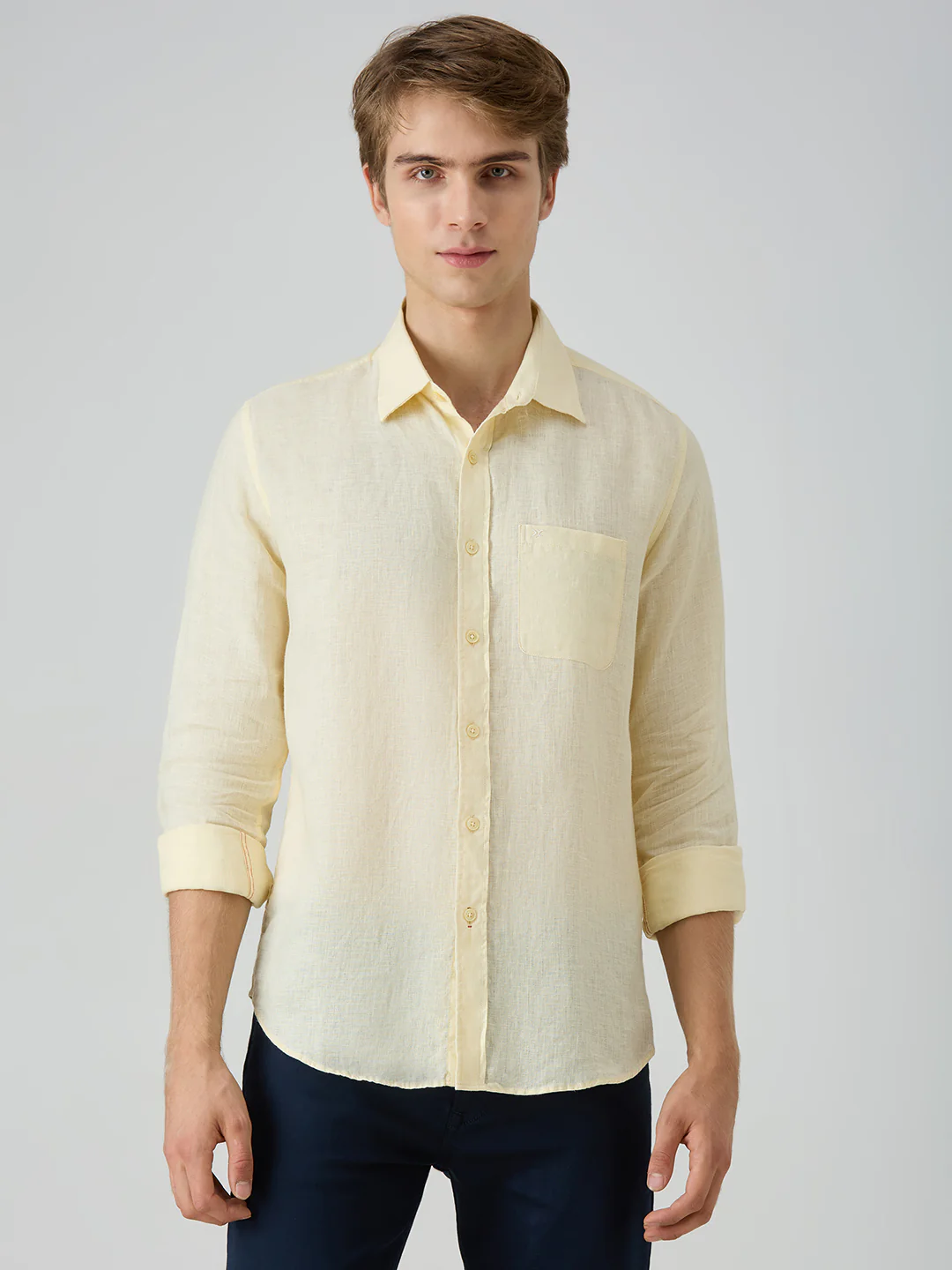 Men's Yellow Solid Slim Fit Shirts - Image 3