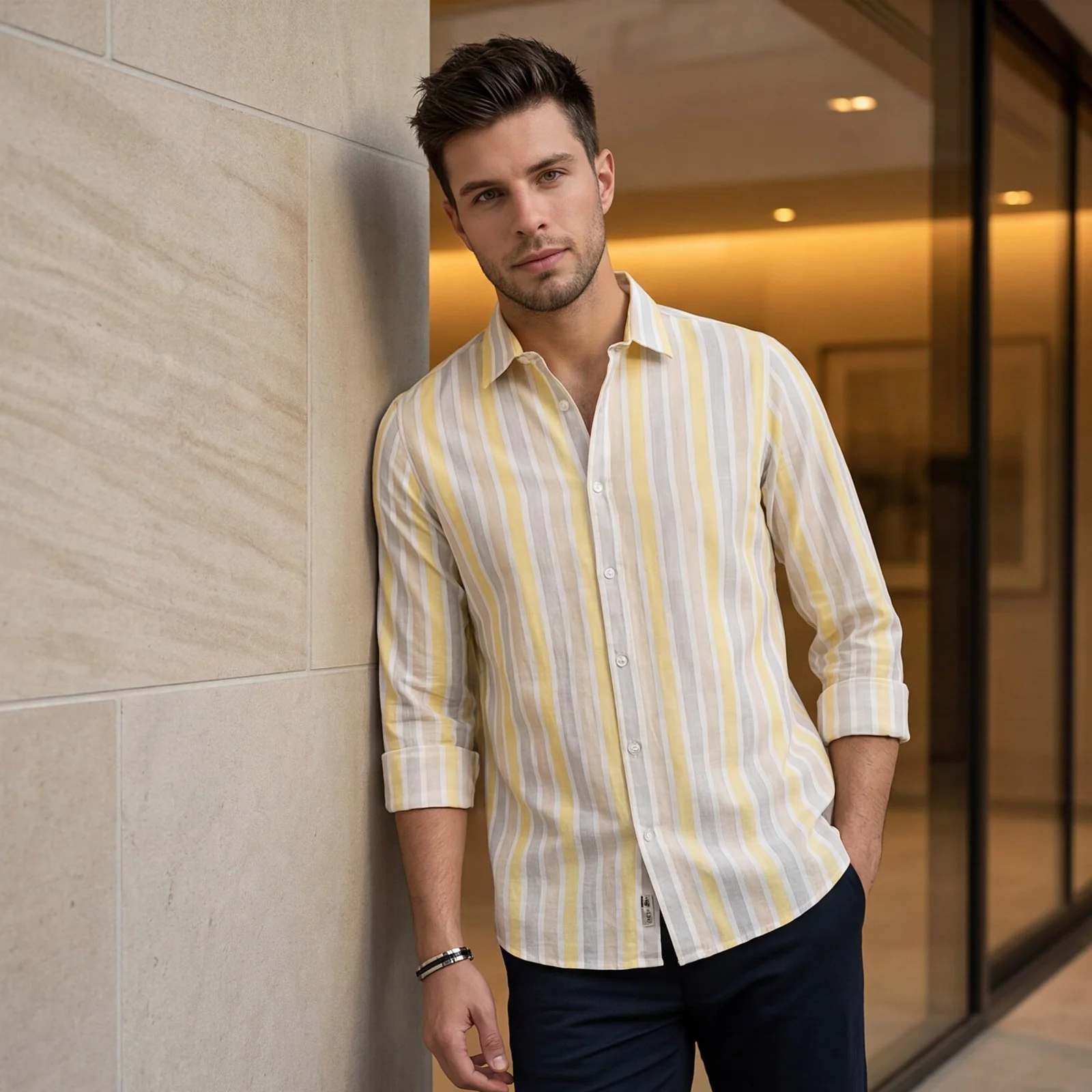 Men's Yellow Stripe Slim Fit Shirts - Image 2